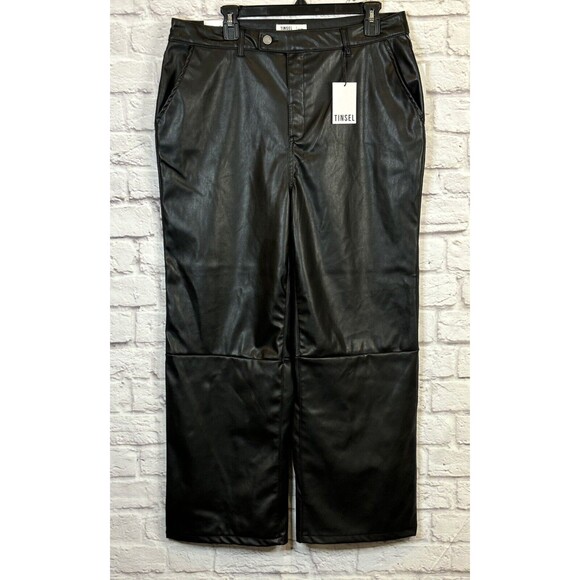 Womens Tinsel Black Faux Leather Wide Leg Dress Pants Vegan Rocker 16 Petite NWT - Picture 2 of 12